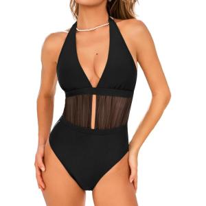 CUPSHE Women’s One Piece Swimsuit Sexy Deep V Neck Halter Bathing Suit Ruched Mesh Self Tie Swimwear(Black)