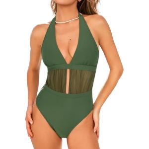 CUPSHE Women’s One Piece Swimsuit Sexy Deep V Neck Halter Bathing Suit Ruched Mesh Self Tie Swimwear(Olive Green)