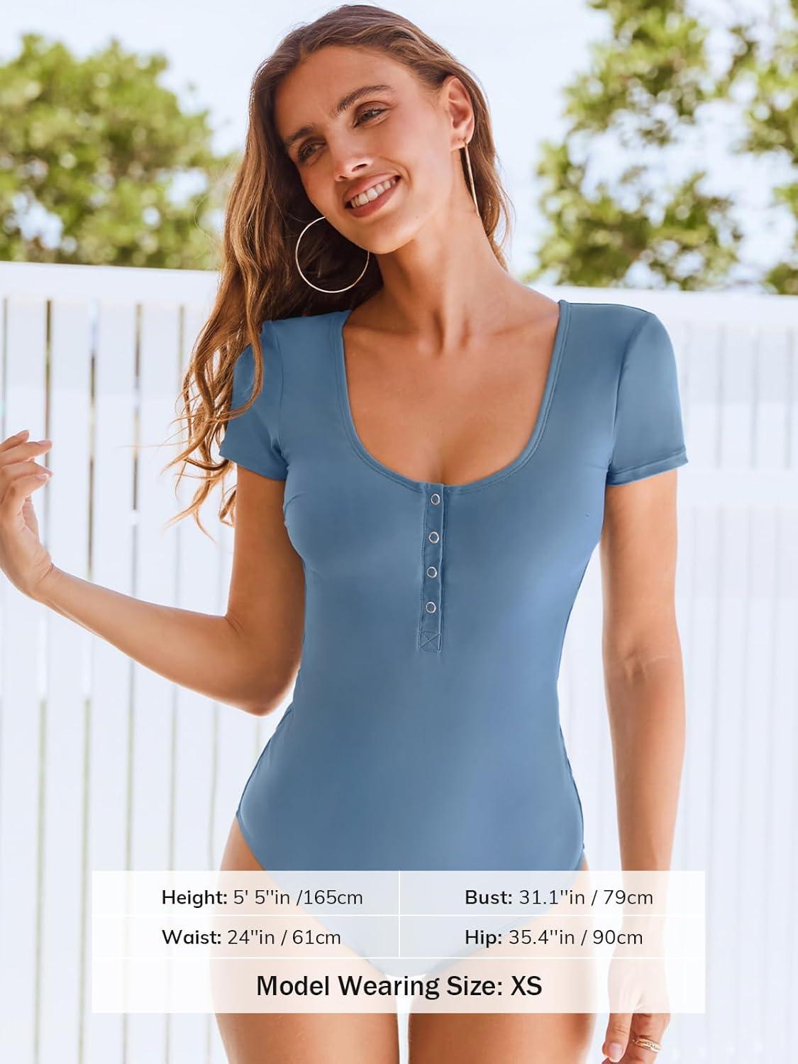 imageCUPSHE Womens One Piece Swimsuit Short Sleeve Bathing Suit Scoop Neck Button Rash Guard Sporty SwimwearBlue Gray
