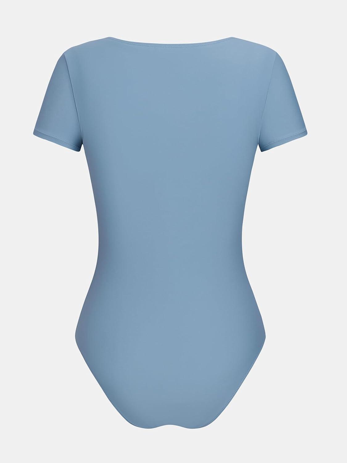 imageCUPSHE Womens One Piece Swimsuit Short Sleeve Bathing Suit Scoop Neck Button Rash Guard Sporty SwimwearBlue Gray
