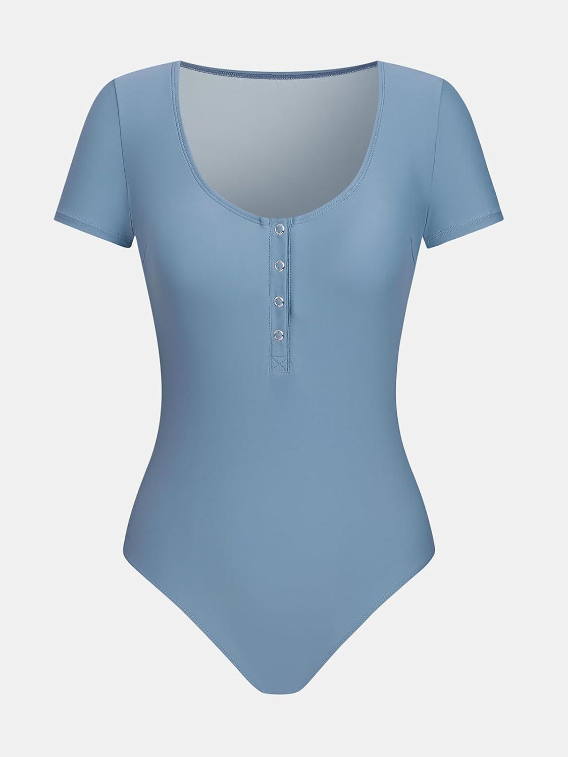 imageCUPSHE Womens One Piece Swimsuit Short Sleeve Bathing Suit Scoop Neck Button Rash Guard Sporty SwimwearBlue Gray