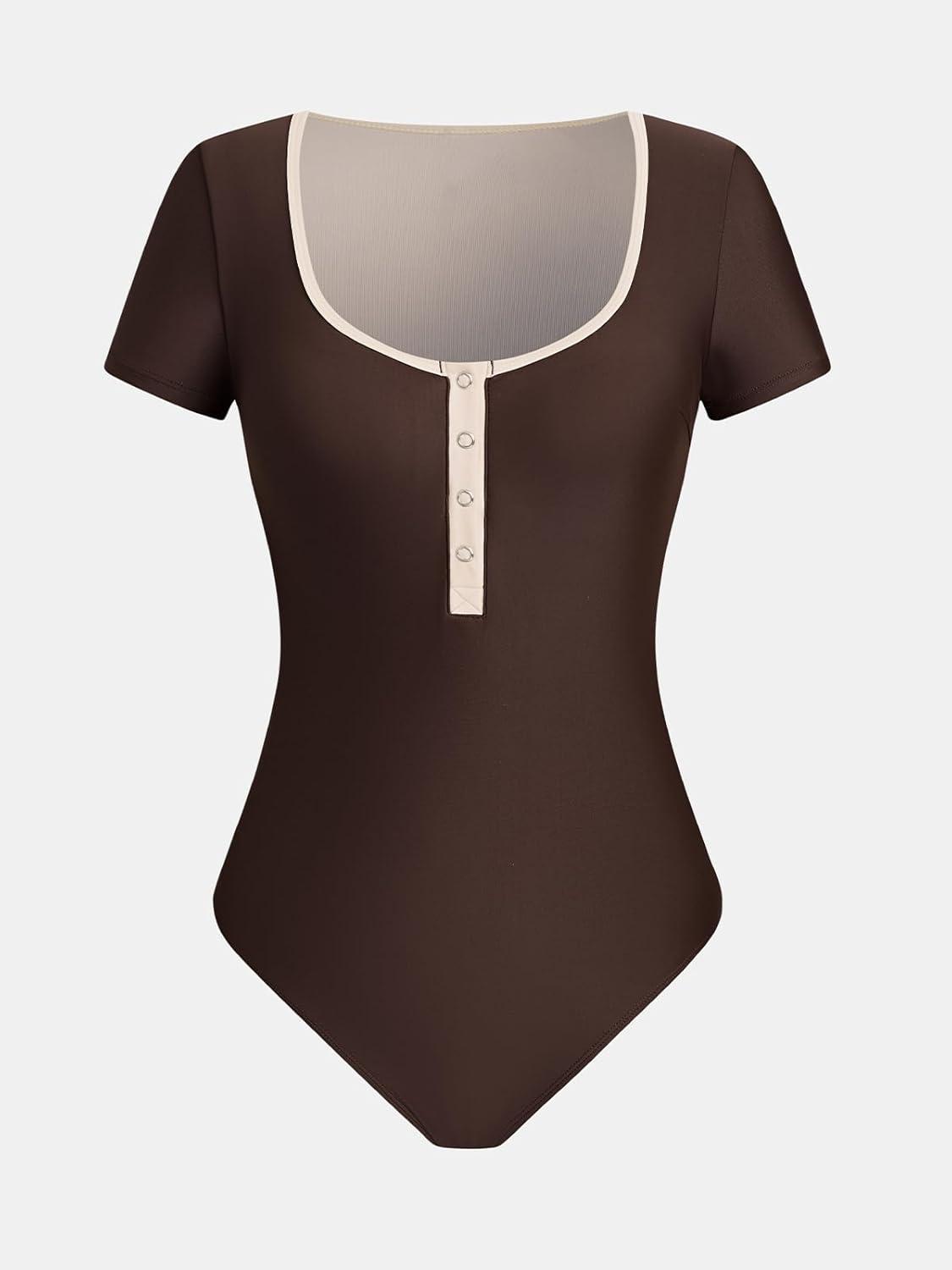 imageCUPSHE Womens One Piece Swimsuit Short Sleeve Bathing Suit Scoop Neck Button Rash Guard Sporty SwimwearBrownBeige