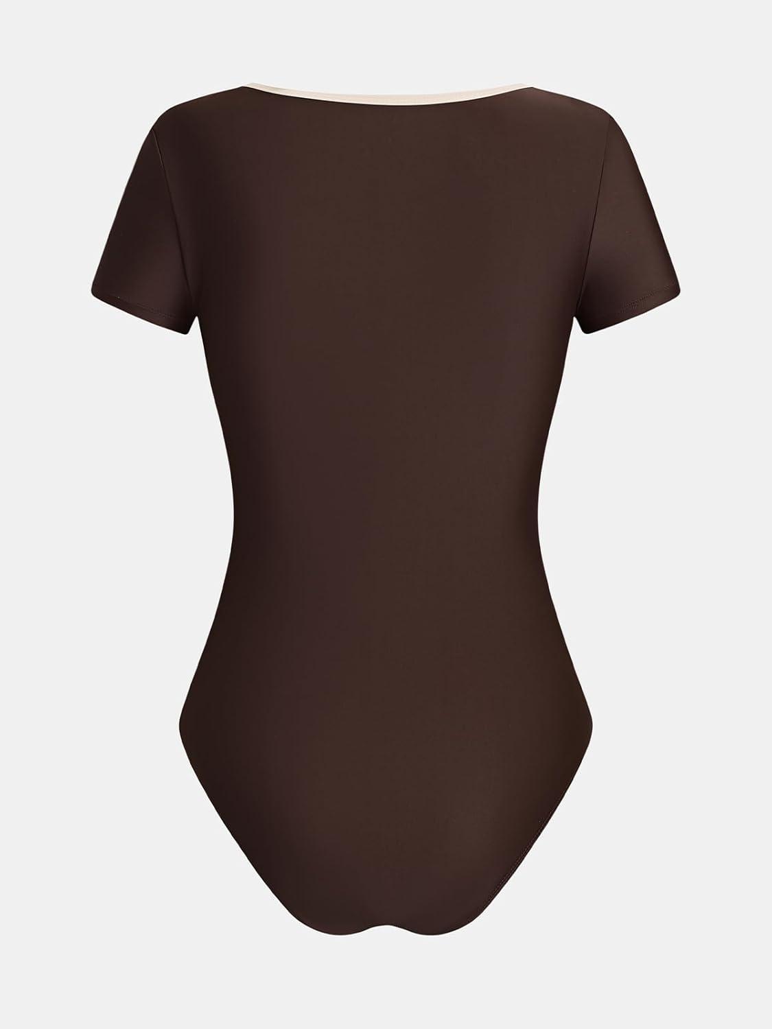 imageCUPSHE Womens One Piece Swimsuit Short Sleeve Bathing Suit Scoop Neck Button Rash Guard Sporty SwimwearBrownBeige