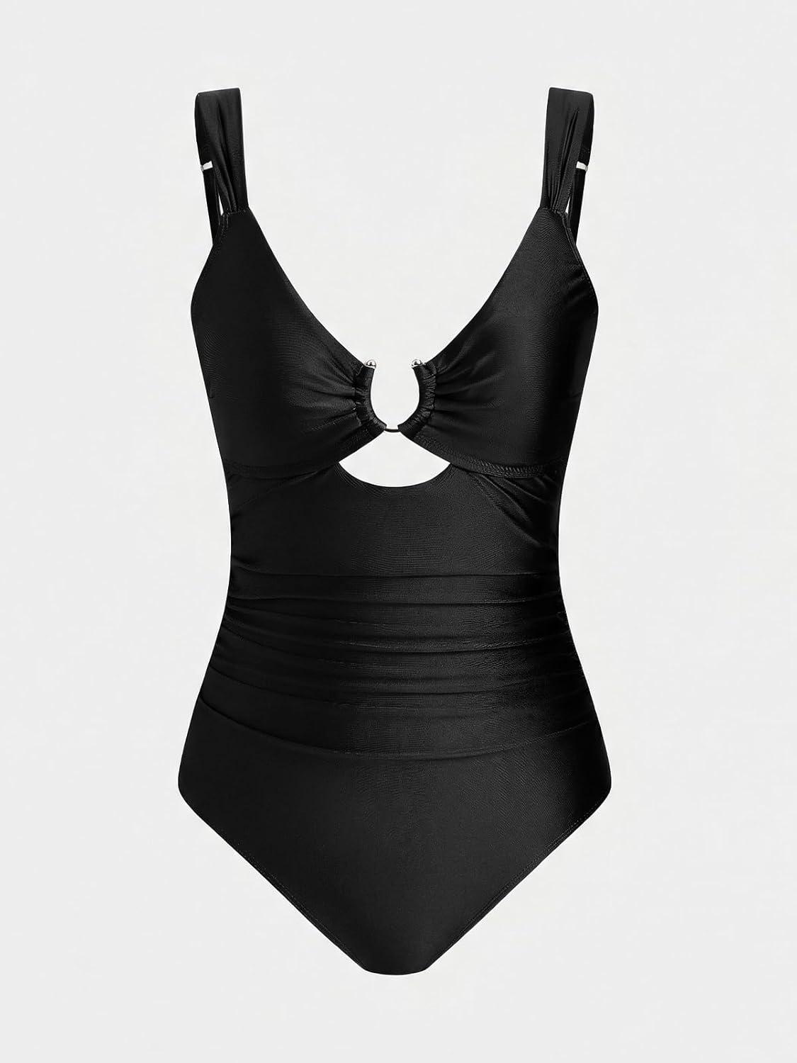 imageCUPSHE Womens One Piece Swimsuit Ruched Tummy Control Bathing Suit U Wire Cutout Adjustable StrapsBlack