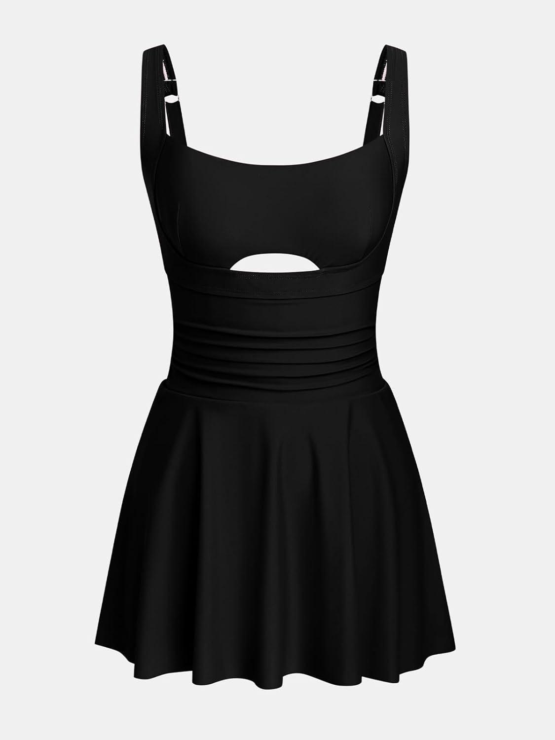 imageCUPSHE Womens One Piece Swimsuit Cutout Swim Dress Tummy Control Bathing Suit Ruched Swim Skirt ModestBlack