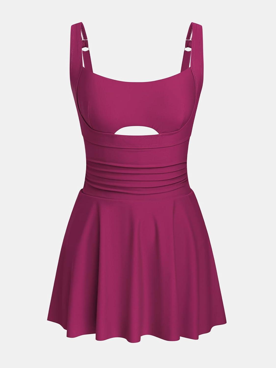 imageCUPSHE Womens One Piece Swimsuit Cutout Swim Dress Tummy Control Bathing Suit Ruched Swim Skirt ModestPurple Red