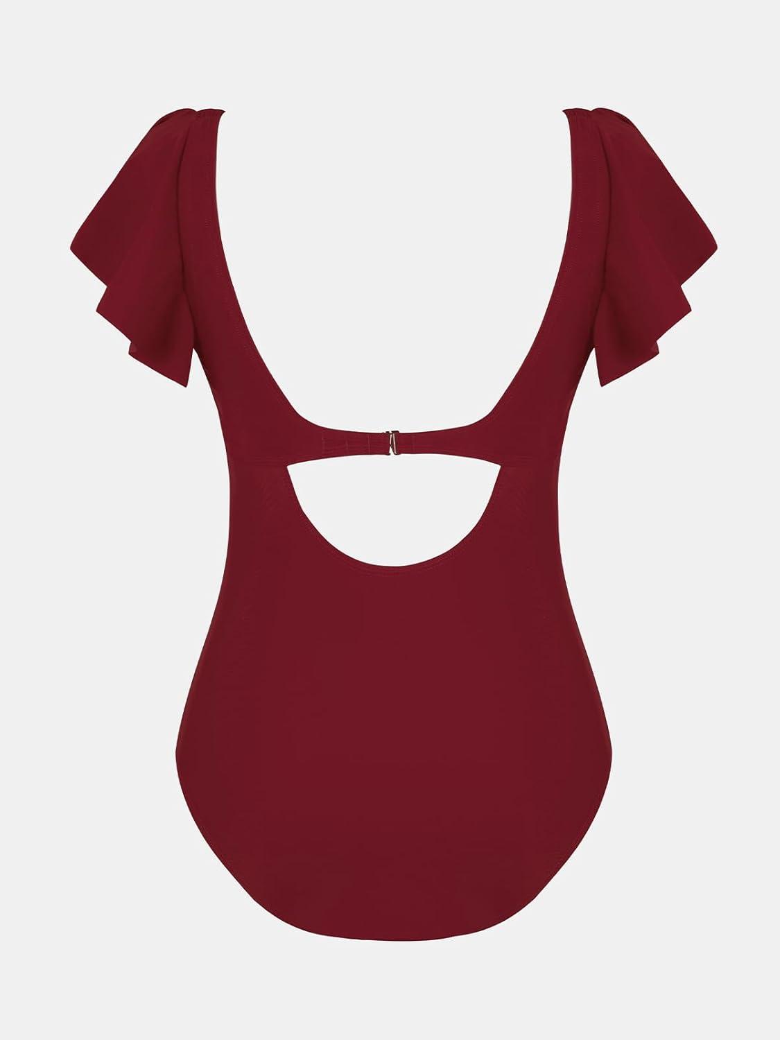 imageCUPSHE Womens One Piece Swimsuit Tummy Control Bathing Suit V Neck Ruffled Wrap Ruched Cutout Back Hook Available in PlusBurgundy Red