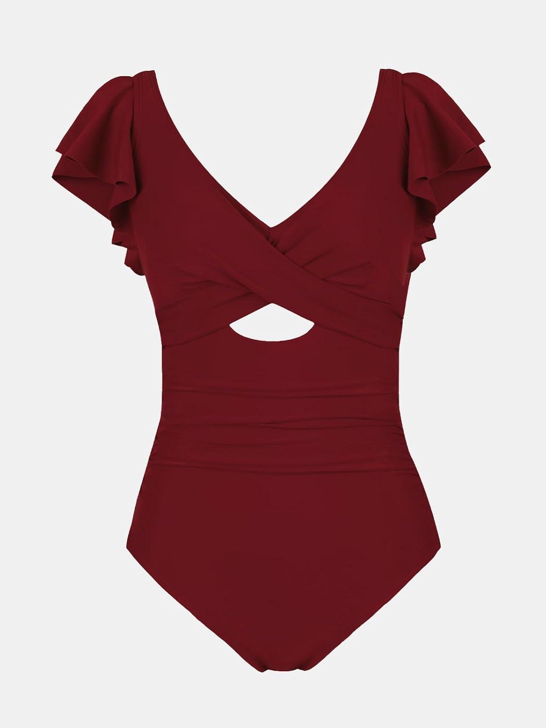 imageCUPSHE Womens One Piece Swimsuit Tummy Control Bathing Suit V Neck Ruffled Wrap Ruched Cutout Back Hook Available in PlusBurgundy Red