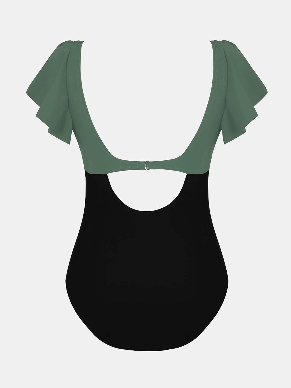 imageCUPSHE Womens One Piece Swimsuit Tummy Control Bathing Suit V Neck Ruffled Wrap Ruched Cutout Back Hook Available in PlusOlive GreenBlack