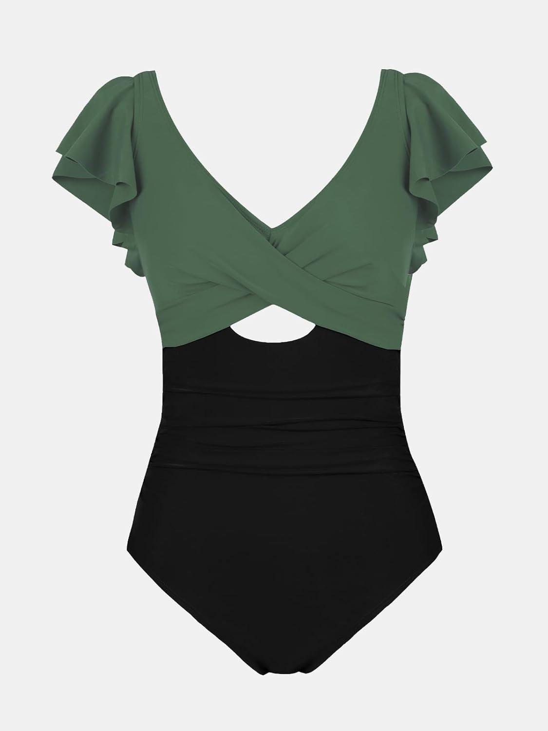 imageCUPSHE Womens One Piece Swimsuit Tummy Control Bathing Suit V Neck Ruffled Wrap Ruched Cutout Back Hook Available in PlusOlive GreenBlack