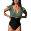 CUPSHE Women’s One Piece Swimsuit Tummy Control Bathing Suit V Neck Ruffled Wrap Ruched Cutout Back Hook (Available in Plus)(Olive Green/Black)