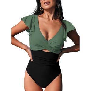 CUPSHE Women’s One Piece Swimsuit Tummy Control Bathing Suit V Neck Ruffled Wrap Ruched Cutout Back Hook (Available in Plus)(Olive Green/Black)