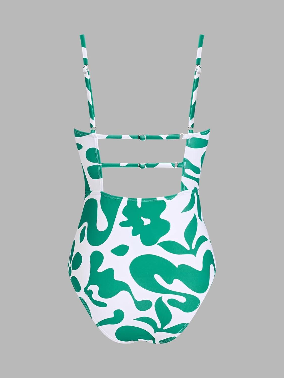 imageCUPSHE Women Swimsuit One Piece Bathing Suit Square Neck Cutout Back Tummy Control with Adjustable Spaghetti StrapsWhiteDark Green