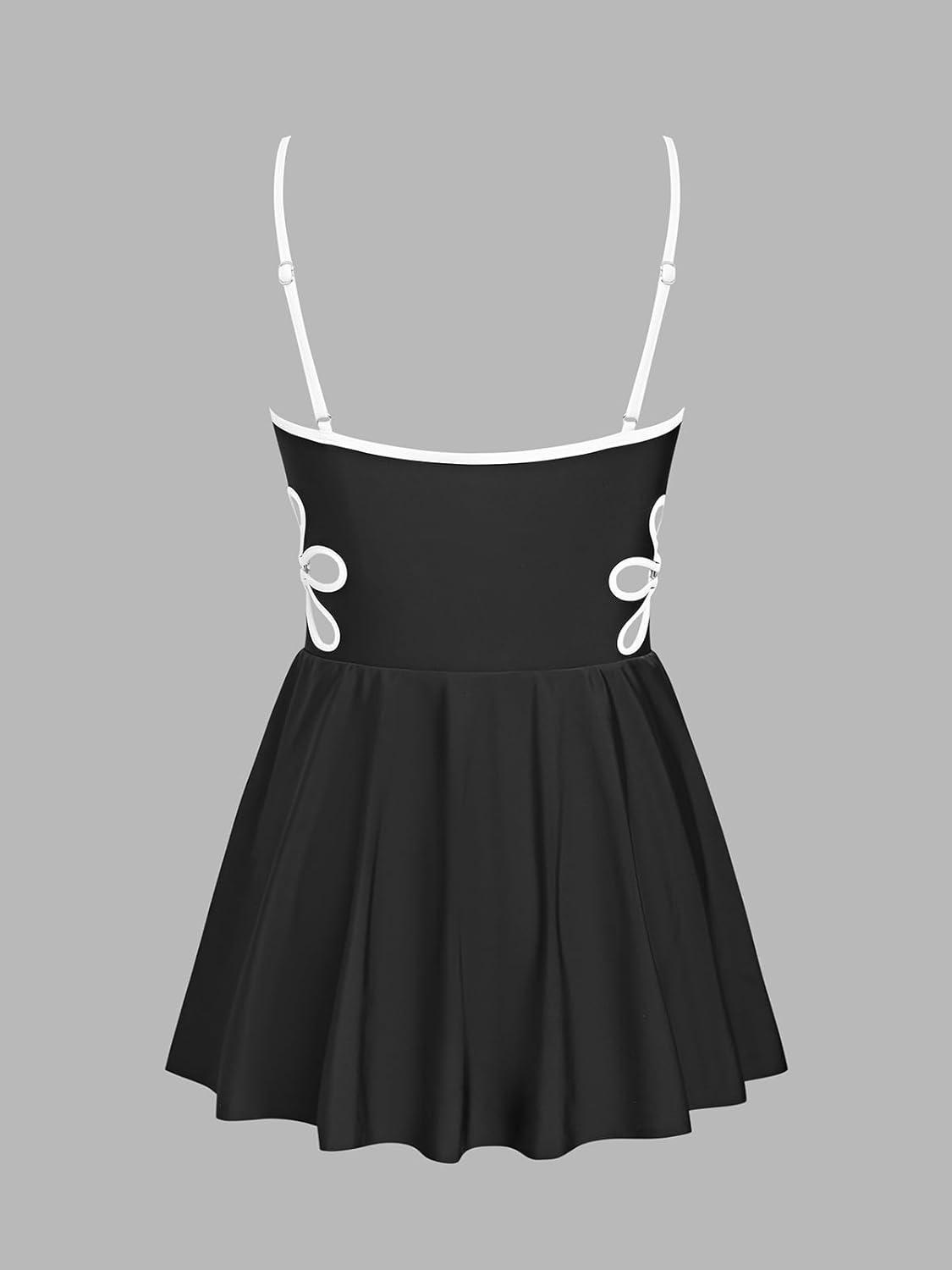 imageCUPSHE Womens One Piece Swim Dress V Neck Swimsuit Color Block Skirt Cutout Adjustable Straps Bathing SuitBlackWhite