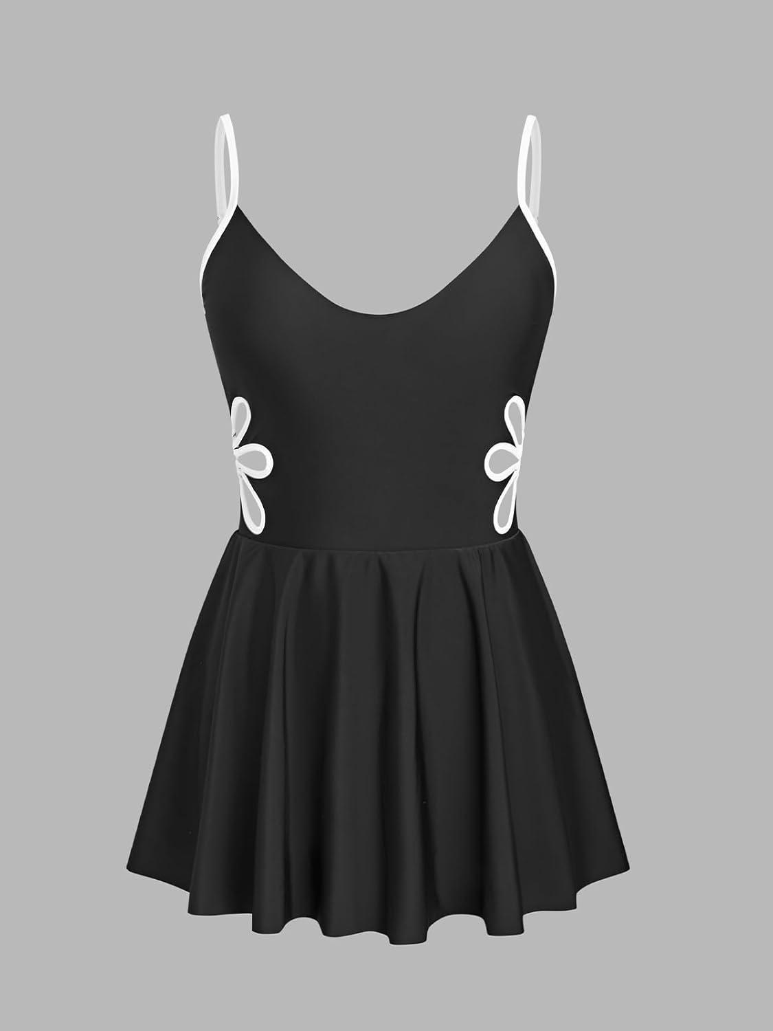 imageCUPSHE Womens One Piece Swim Dress V Neck Swimsuit Color Block Skirt Cutout Adjustable Straps Bathing SuitBlackWhite