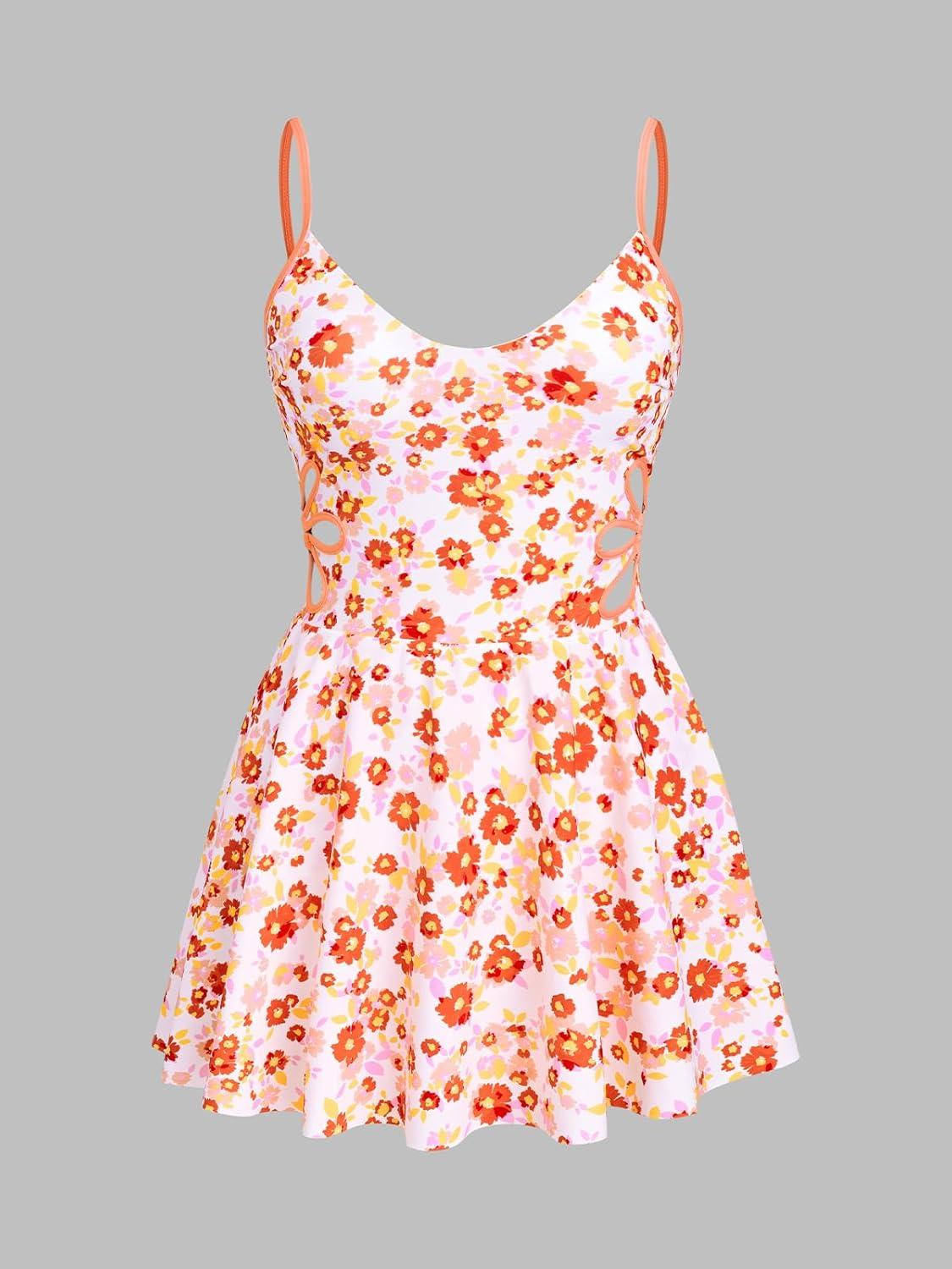 imageCUPSHE Womens One Piece Swim Dress V Neck Swimsuit Color Block Skirt Cutout Adjustable Straps Bathing SuitOrangeRed Floral