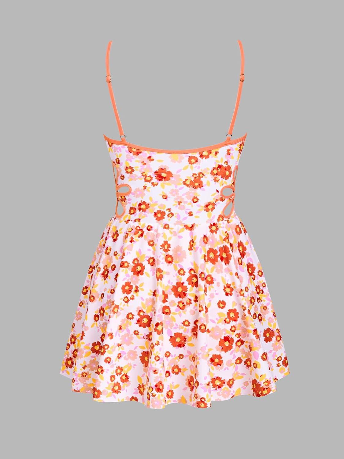 imageCUPSHE Womens One Piece Swim Dress V Neck Swimsuit Color Block Skirt Cutout Adjustable Straps Bathing SuitOrangeRed Floral