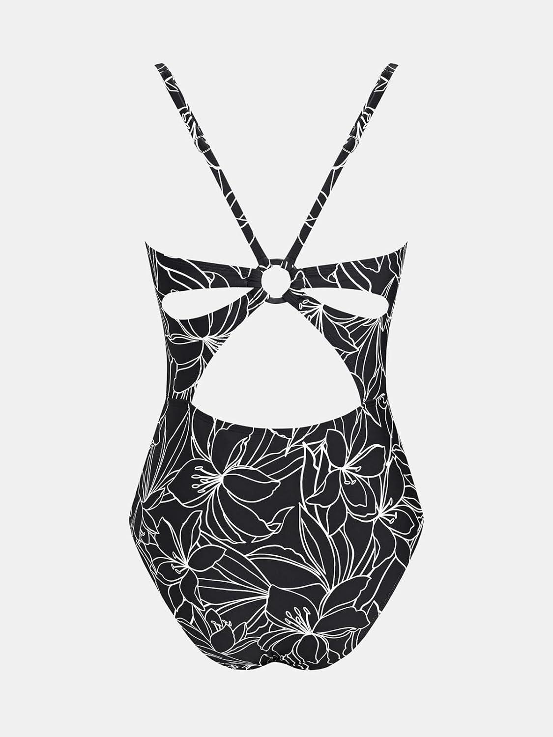 imageCUPSHE Womens One Piece Swimsuit Scalloped V Neck Tummy Control Bathing Suit Cutout Adjustable StrapsBlack Floral