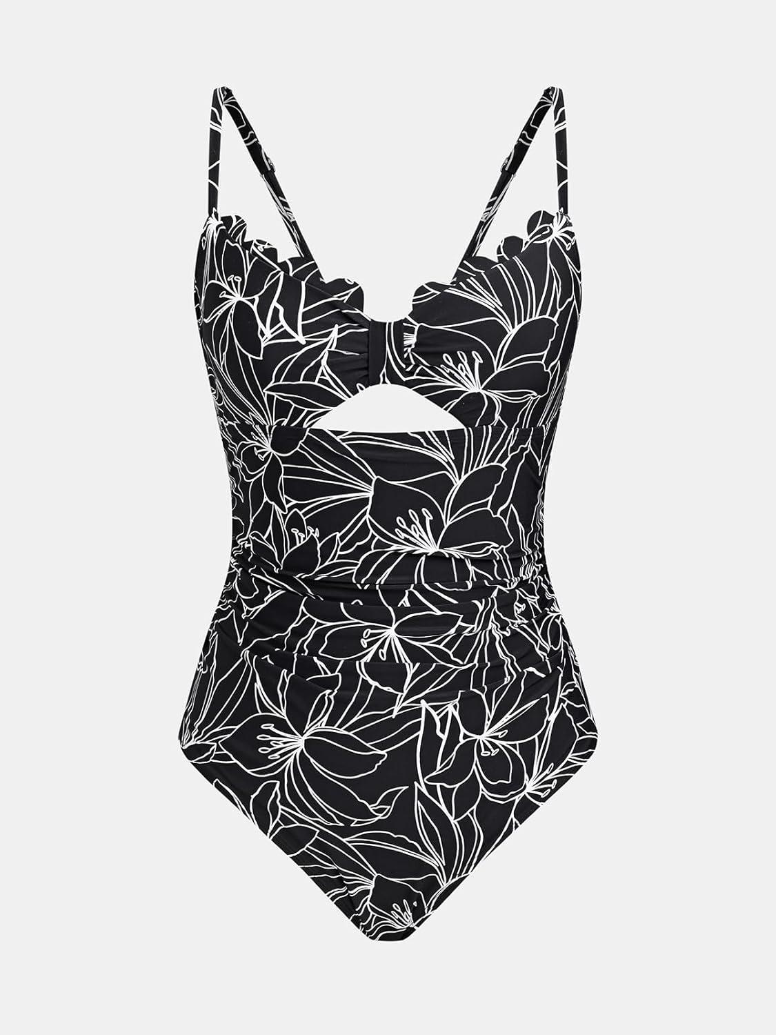 imageCUPSHE Womens One Piece Swimsuit Scalloped V Neck Tummy Control Bathing Suit Cutout Adjustable StrapsBlack Floral
