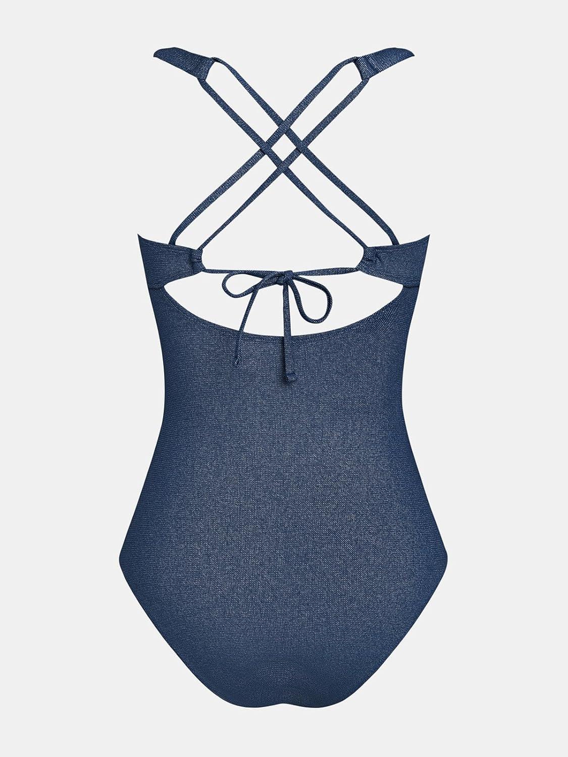 imageCUPSHE Womens One Piece Swimsuit Square Neck Cutout Crisscross Self Tie Wide Straps Bathing SuitNavy Blue