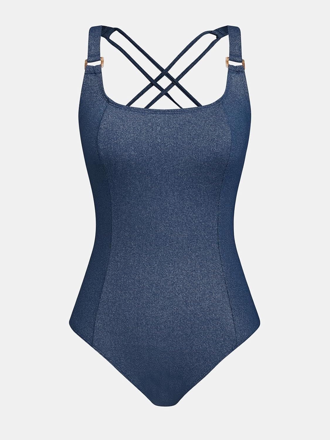 imageCUPSHE Womens One Piece Swimsuit Square Neck Cutout Crisscross Self Tie Wide Straps Bathing SuitNavy Blue