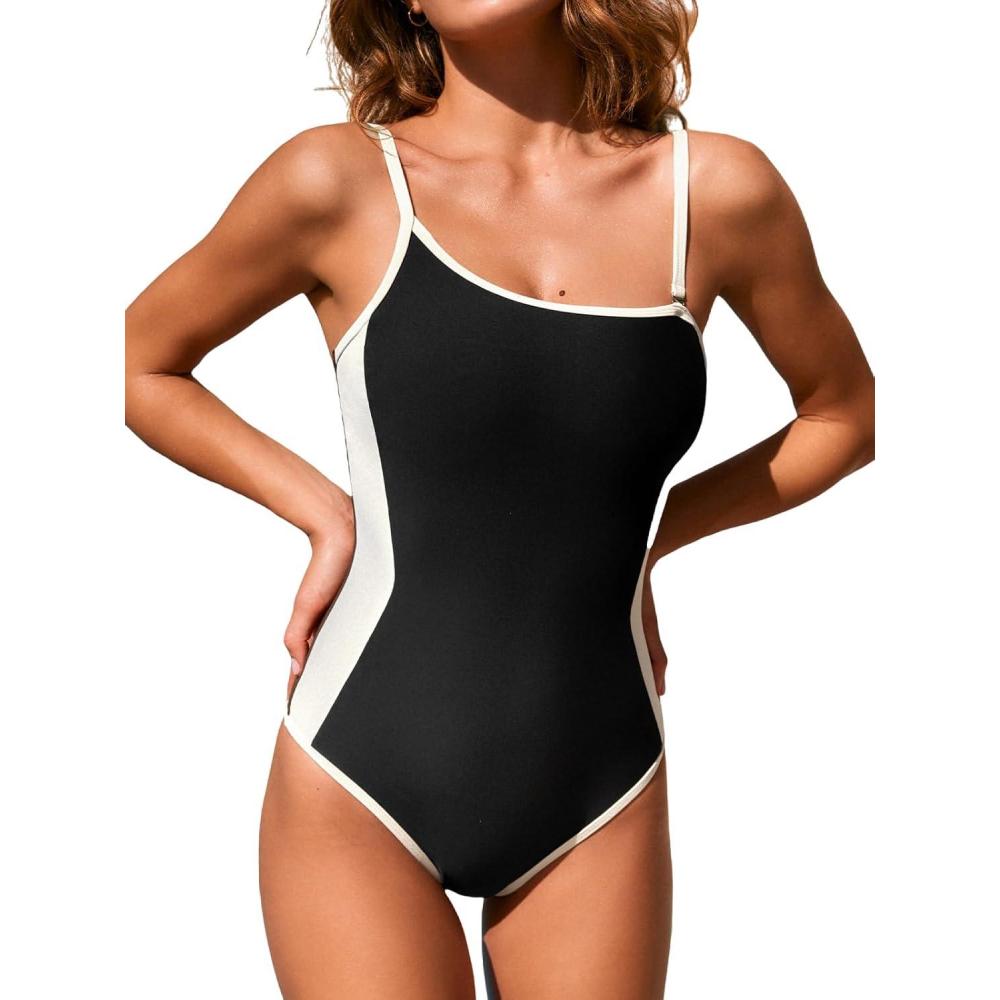 imageCUPSHE Womens One Piece Swimsuit One Shoulder Removable Straps Adjustable Bathing Suit Color Block Slimming SwimwearBlackOff White