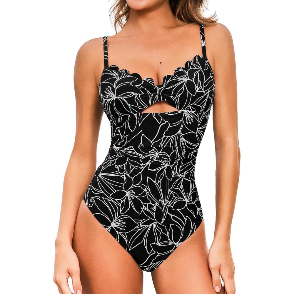 imageCUPSHE Womens One Piece Swimsuit Scalloped V Neck Tummy Control Bathing Suit Cutout Adjustable StrapsBlack Floral
