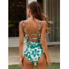 CUPSHE Women Swimsuit One Piece Bathing Suit Square Neck Cutout Back Tummy Control with Adjustable Spaghetti Straps(White/Dark Green)