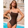 CUPSHE Women’s One Piece Swimsuit One Shoulder Removable Straps Adjustable Bathing Suit Color Block Slimming Swimwear(Brown/Off White)