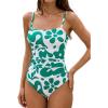 CUPSHE Women Swimsuit One Piece Bathing Suit Square Neck Cutout Back Tummy Control with Adjustable Spaghetti Straps(White/Dark Green)