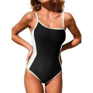 CUPSHE Women’s One Piece Swimsuit One Shoulder Removable Straps Adjustable Bathing Suit Color Block Slimming Swimwear(Black/Off White)