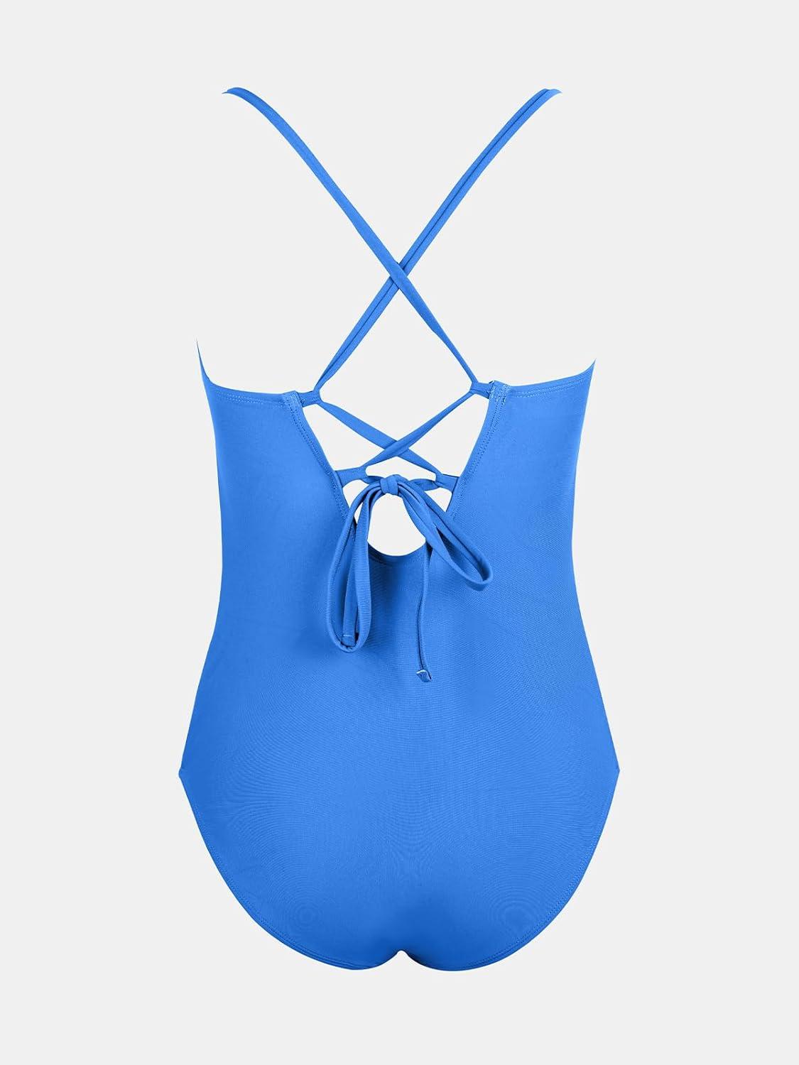 imageCUPSHE Maternity One Piece Swimsuit Scoop Neck Womens Bathing Suit Scalloped Lace up Back Criss Cross Tie PregnancyGlaucous Blue