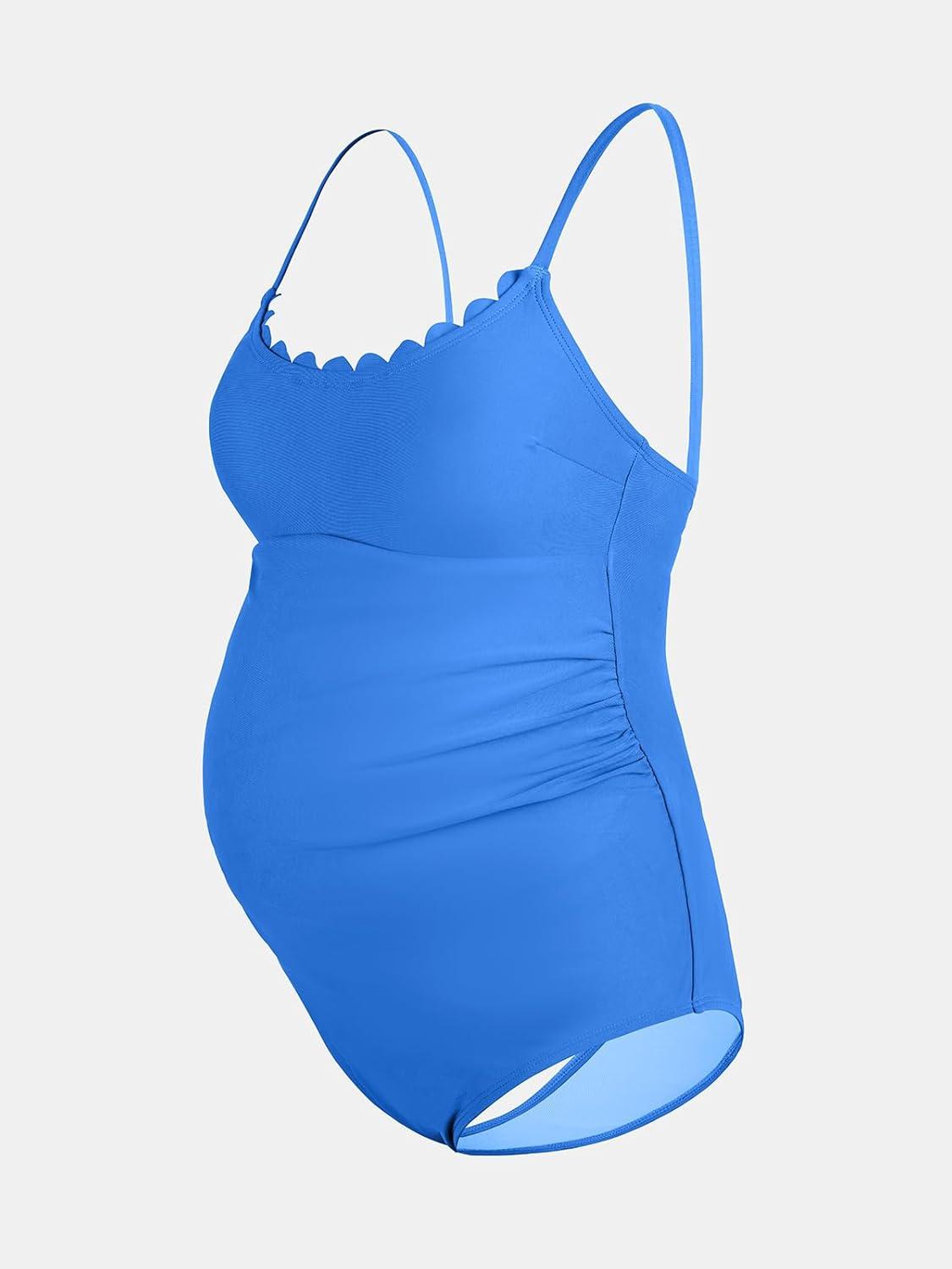 imageCUPSHE Maternity One Piece Swimsuit Scoop Neck Womens Bathing Suit Scalloped Lace up Back Criss Cross Tie PregnancyGlaucous Blue