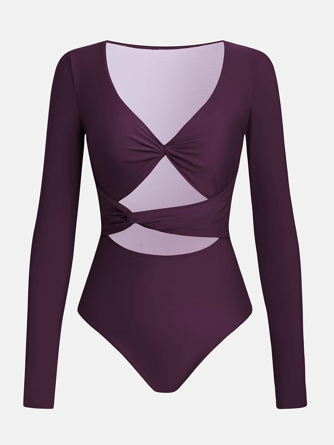 imageCUPSHE Womens One Piece Swimsuit Rash Guard Long Sleeve Twist Cutout Deep V Neck Bathing SuitDeep Wine