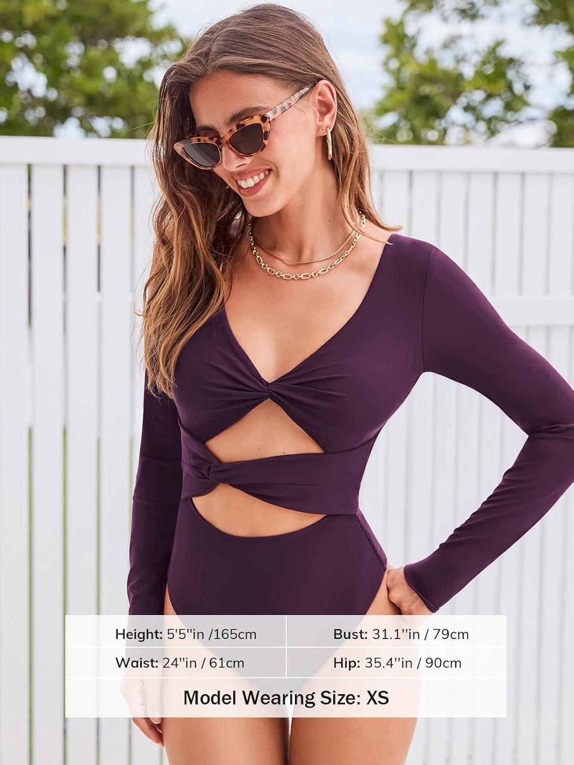 imageCUPSHE Womens One Piece Swimsuit Rash Guard Long Sleeve Twist Cutout Deep V Neck Bathing SuitDeep Wine