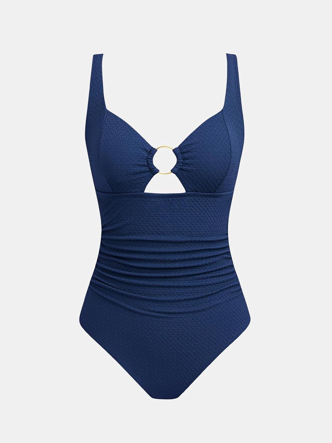 imageCUPSHE Womens One Piece Swimsuit V Neck Tummy Control Textured Cutout O Ring Bathing Suit Adjustable StrapsNavy Blue