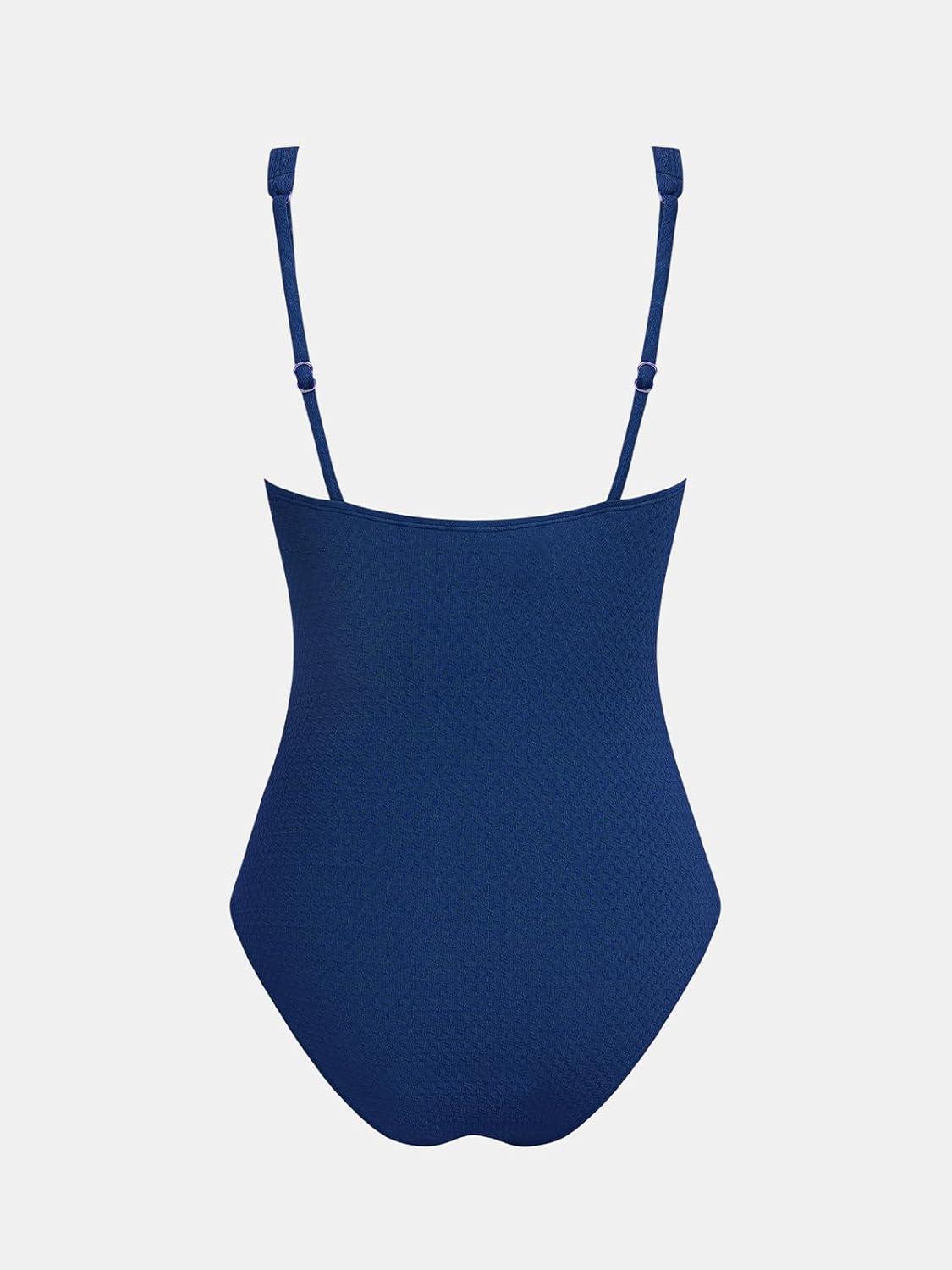 imageCUPSHE Womens One Piece Swimsuit V Neck Tummy Control Textured Cutout O Ring Bathing Suit Adjustable StrapsNavy Blue
