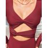 CUPSHE Women’s One Piece Swimsuit Rash Guard Long Sleeve Twist Cutout Deep V Neck Bathing Suit(Burgundy Red)