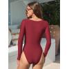 CUPSHE Women’s One Piece Swimsuit Rash Guard Long Sleeve Twist Cutout Deep V Neck Bathing Suit(Burgundy Red)