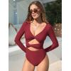 CUPSHE Women’s One Piece Swimsuit Rash Guard Long Sleeve Twist Cutout Deep V Neck Bathing Suit(Burgundy Red)