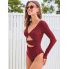 CUPSHE Women’s One Piece Swimsuit Rash Guard Long Sleeve Twist Cutout Deep V Neck Bathing Suit(Burgundy Red)
