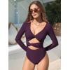 CUPSHE Women’s One Piece Swimsuit Rash Guard Long Sleeve Twist Cutout Deep V Neck Bathing Suit(Deep Wine)