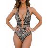 CUPSHE Women’s One Piece Swimsuit Sexy Plunging Neck Cutout Bathing Suit Halter Strap Low Back Swimwear(Brown/Black Animal)