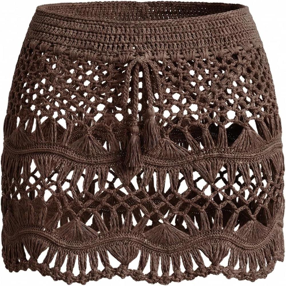 imageCUPSHE Women Crochet Coverup Skirt Drawstring Knit Mini Skirt Coverup for SwimwearCoffee