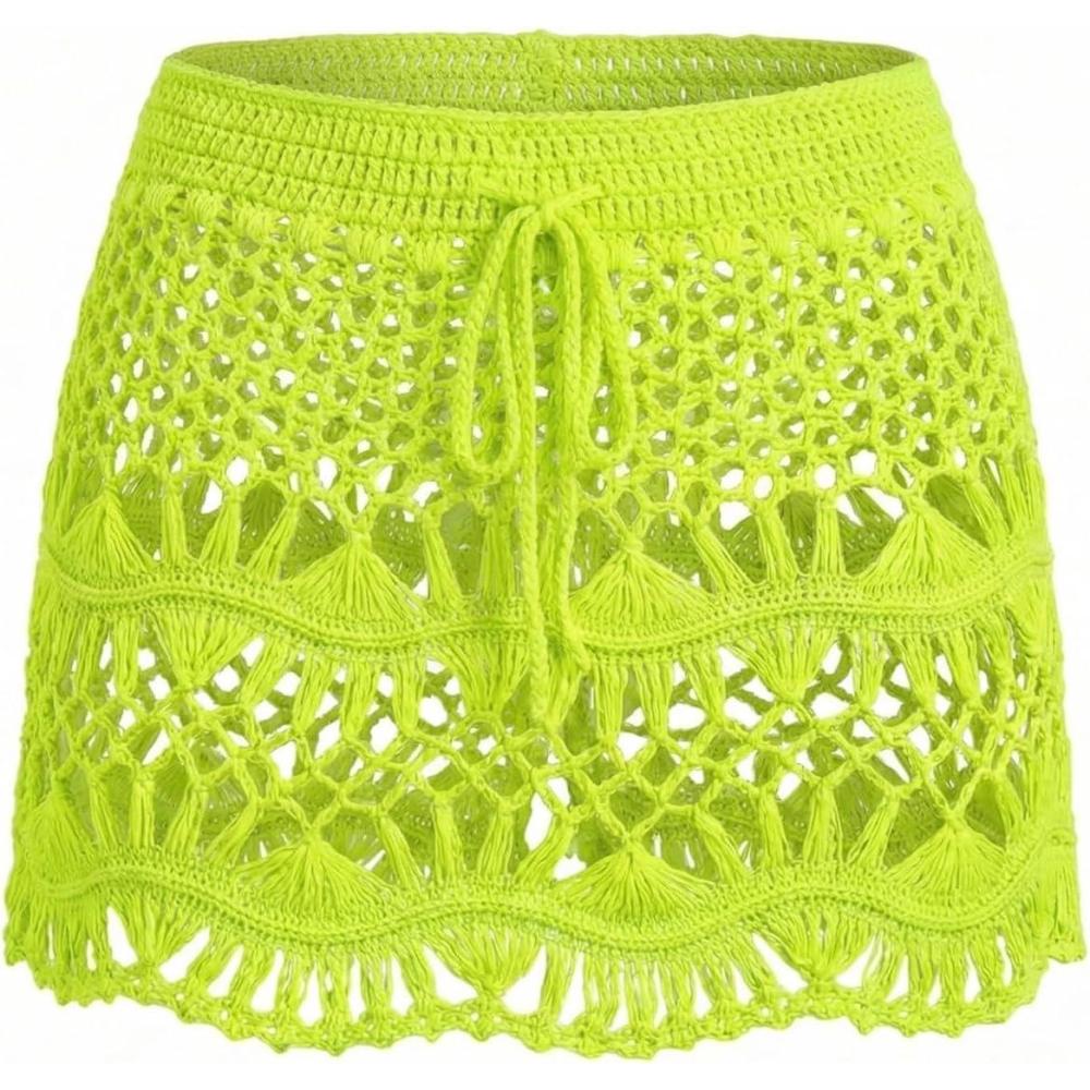 imageCUPSHE Women Crochet Coverup Skirt Drawstring Knit Mini Skirt Coverup for SwimwearFluorescent Yellow