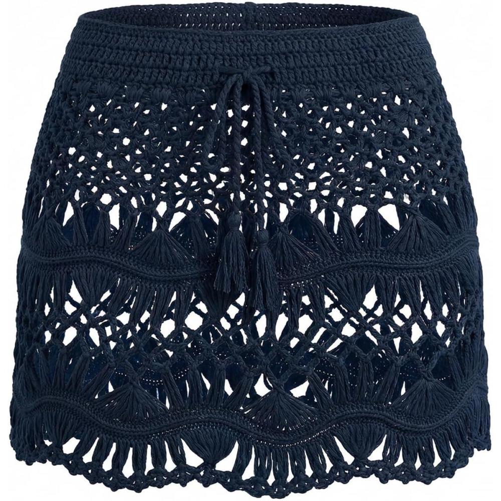 imageCUPSHE Women Crochet Coverup Skirt Drawstring Knit Mini Skirt Coverup for SwimwearNavy