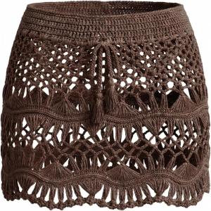 CUPSHE Women Crochet Coverup Skirt Drawstring Knit Mini Skirt Coverup for Swimwear(Coffee)