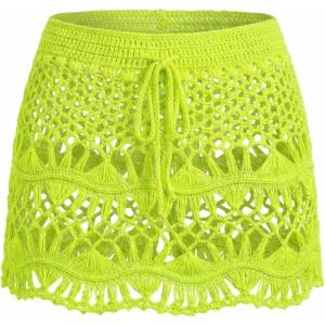 CUPSHE Women Crochet Coverup Skirt Drawstring Knit Mini Skirt Coverup for Swimwear(Fluorescent Yellow)