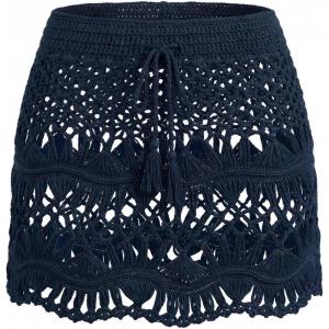 CUPSHE Women Crochet Coverup Skirt Drawstring Knit Mini Skirt Coverup for Swimwear(Navy)