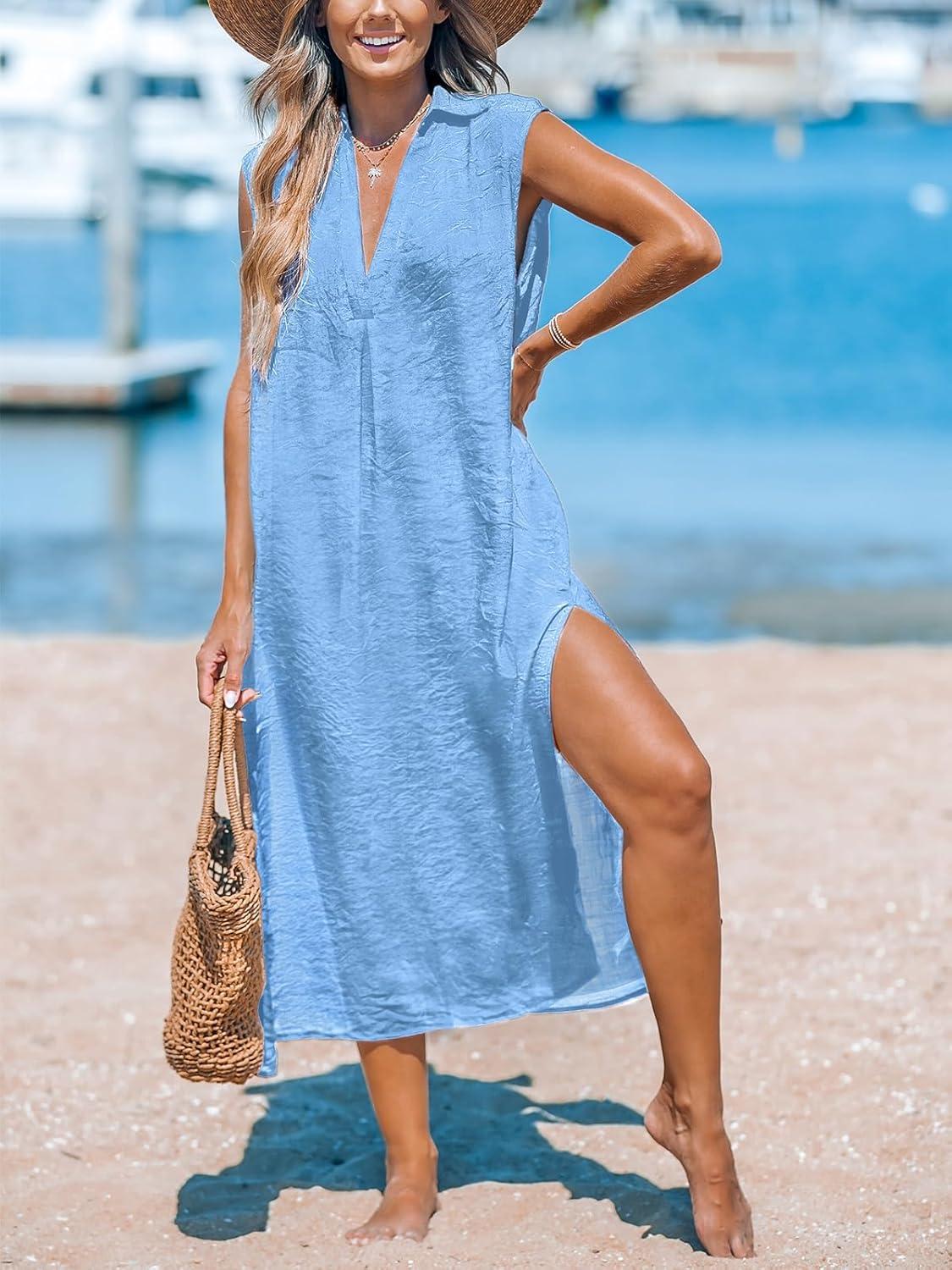 imageCUPSHE Womens Swimsuit Coverup Casual Sleeveless Side Split Long Cardigans V Neck Midi Beach DressBlue